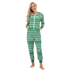 BLUEMING Women's Family Matching Christmas Pajamas Reindeer Print Fleece Onesie - Hooded Holiday Sleepwear Nightwear - 1 of 4