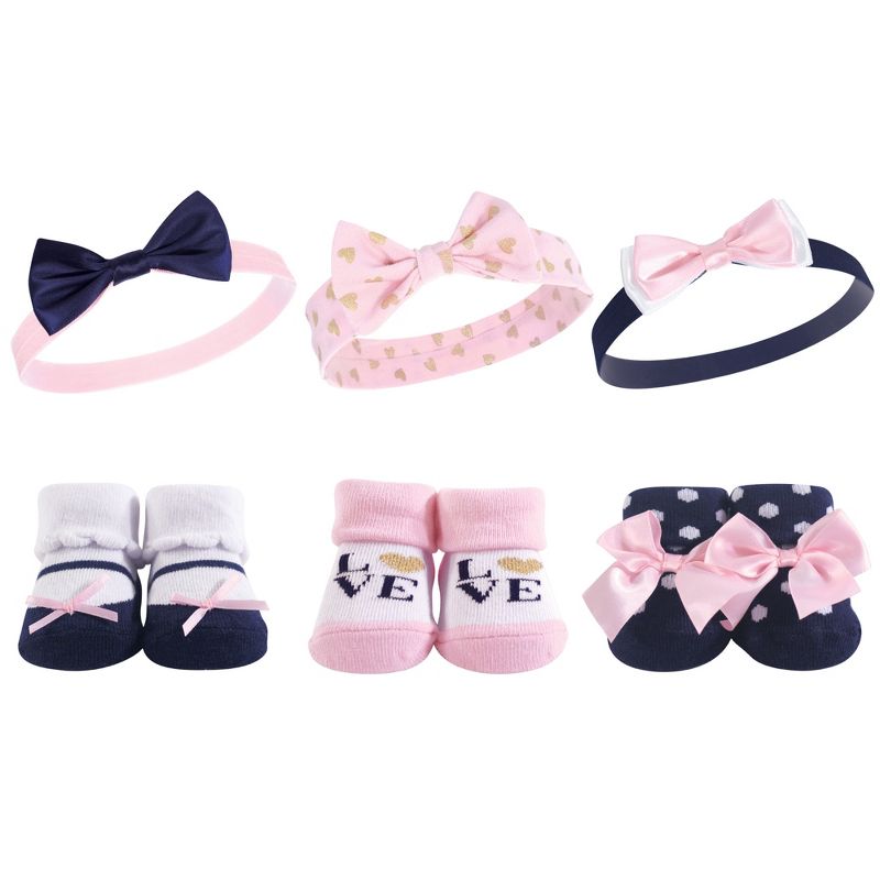 Hudson Baby Infant Girl Headband and Socks Giftset 6pc, Navy Love, One Size, 1 of 4