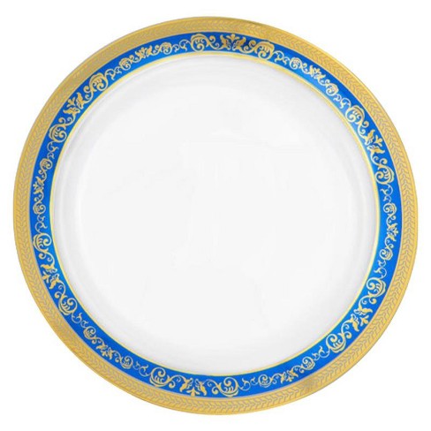 Smarty Had A Party 10.25" White with Blue and Gold Royal Rim Plastic Dinner Plates (120 Plates) - image 1 of 3
