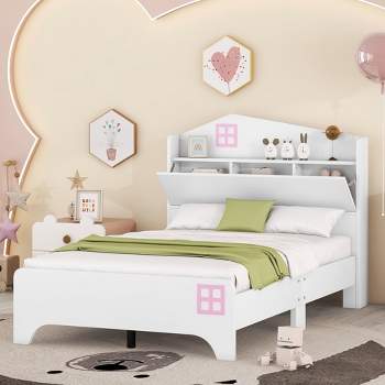 Twin/Full Size Wooden House Bed with Storage Headboard, Kids Bed with Storage Shelf - ModernLuxe