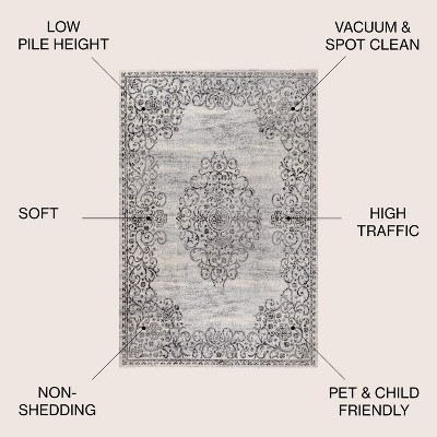 Dark Gray and Cream Medallion 8' x 10' Reversible Synthetic Rug