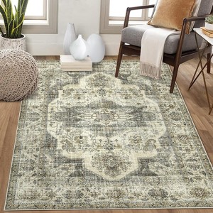 Washable Vintage Floral Oriental Area Rug, Non-Slip Low Pile Carpet, Stain-Resistant Rug for Living Room or Office - 1 of 4