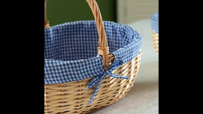 Large Natural Wicker Picnic Basket with Blue Plaid Liner