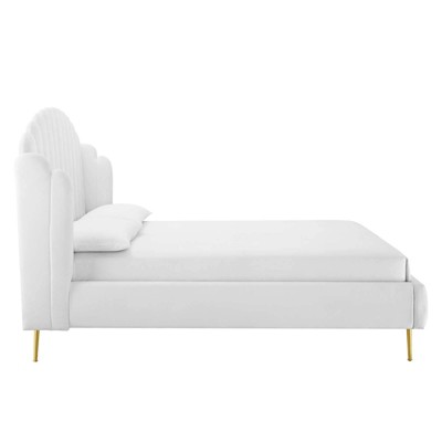 Queen White Velvet Upholstered Wingback Platform Bed with Tufted Headboard