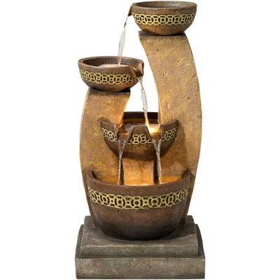 Beige and Brown Faux Stone Four Bowl Cascading Water Fountain with LED Light