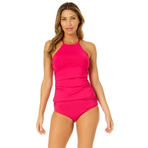 Anne Cole Women's Live In Color High Neck Tankini Swim Top, Magenta XL