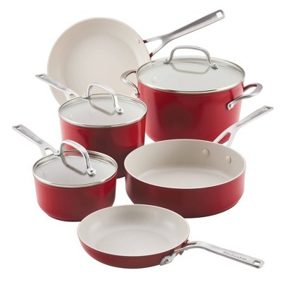 KitchenAid 9pc Ceramic Forged Aluminum Nonstick Cookware Set Empire Red: Dishwasher-Safe, Glass Lids, Gas & Electric Compatible