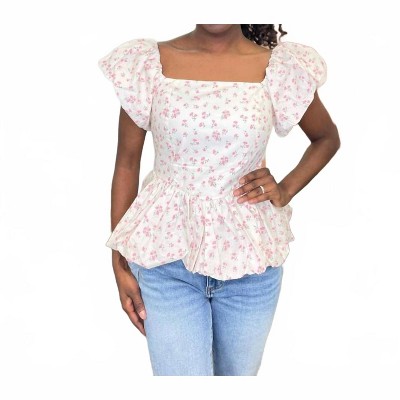 Women's Poplin Floral Peplum Top - Peach Love