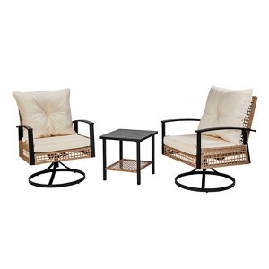 Patio 3-Piece All Weather Wicker Swivel Rocking Patio Conversation Set with Beige Cushions - 1 of 4