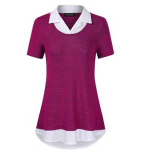 Women's Short Sleeve V-Neck Contrast Collared Shirts Patchwork Work Blouse Tunics Tops - 1 of 4