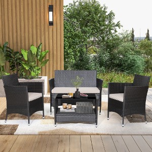 Costway 4PCS Patio Rattan Furniture Set Armrest Cushion Sofa Coffee Table withShelf Garden - 1 of 4