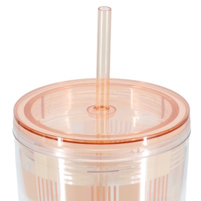 Pink Checkered 23 Ounce Plastic Travel Tumbler with Straw and Lid