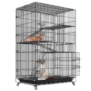 iMountek "4-Tier Metal Cat Cage with Rolling Lockable Wheels, 3 Doors, Ladders & Hammock for Cats & Ferrets" Black - 1 of 4