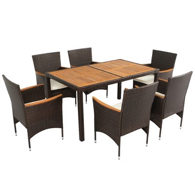 7 Piece Patio Dining Set, PE Rattan Outdoor Table And Chairs Dining Furniture Set With Stackable Armchairs & Cushions, Acacia Wood Table, For Backyard