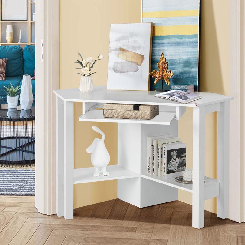 Costway Wooden Corner Desk With Drawer Computer PC Table Study Office Room White, 5 of 11
