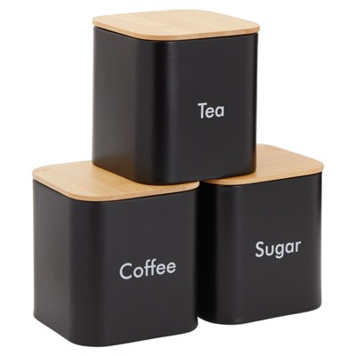 Juvale 3 Piece Set Sugar Tea Coffee Kitchen Canister Set, Black Stainless Steel Containers with Bamboo Lids (54 oz)