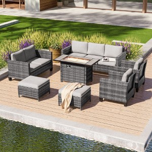 Sonkuki 7 Pieces Patio Sofa with Rectangle Fire Pit Table and Ottomans, Wicker Conversation Couch, Navy Blue Cushion - 1 of 4