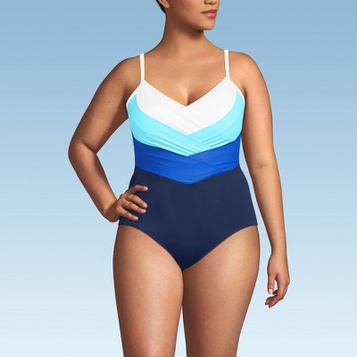 Lands' End Women's Slender Suit V-neck Pleated X-back One Piece Swimsuit Adjustable Straps