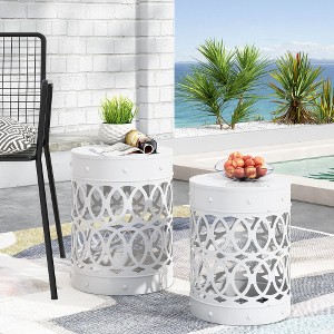 XIYUYEU Modern Cylindrical Patio End Table, Iron Cut Design Outdoor End Tables, Outdoor Side Table with Overlapping Circle Pattern, Set of 2 - 1 of 4