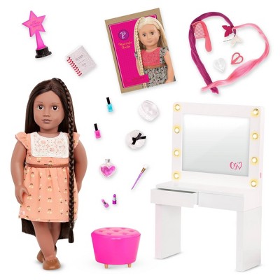 Our Generation Zuri with Glitz & Glamour Dressing Room Accessory Set 18" Doll Hair Play Bundle