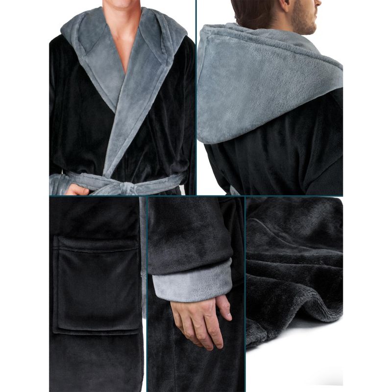 PAVILIA Mens Robe, Hooded Soft Bathrobe for Men, Fleece Plush Warm Shawl Collar Hood Pockets for Bath Shower Spa, 5 of 8