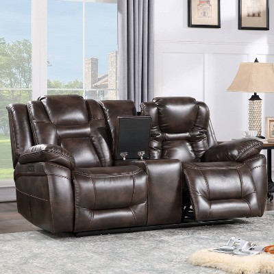 Brown Faux Leather Flared Arm Loveseat with Cup Holder