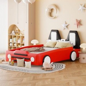 Okak Twin Platform Bed Frame with Wheels Upholstered Headboard Car-Shaped Bed with Rails for Kids Strong Wood Slats Easy Assembly, Bright Red - 1 of 4