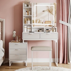 Makeup Vanity Desk with Lights, Mirror & Storage, Small Vintage Table Bench Set, Modern Fluted Dressing Table for Small Bedrooms Apartments - 1 of 4