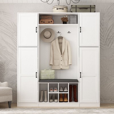 FUFU&GAGA White Closet Cabinet Hall Tree Entryway Shoe Storage Bench