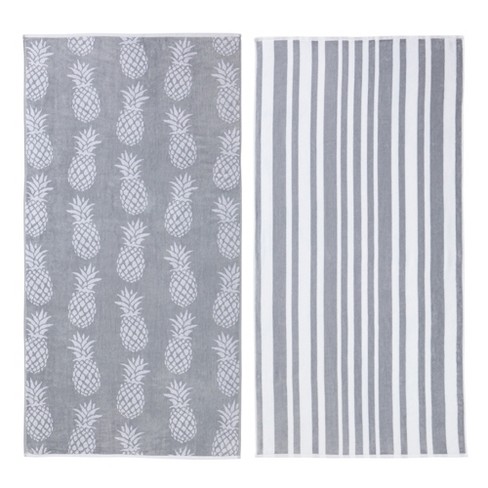 Great Bay Home 100% Cotton Cabana Stripe Oversize Velour Beach Towel Cotton Charcoal Grey