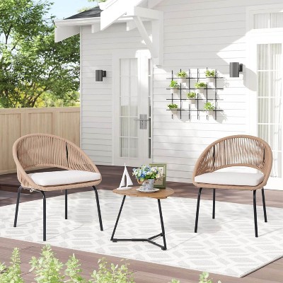 My Depot Outdoor Rattan Chair 3 Piece Set Woven Rope Furniture with Wooden Coffee Table and Cushioned Chairs for Garden, Backyard, Deck, Poolside