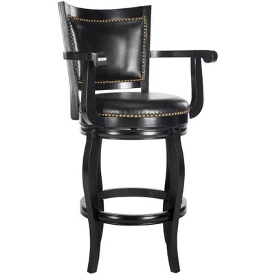 Transitional Black Leather Swivel Bar Stool with Bronze Nailhead Trim