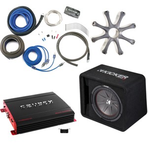 Kicker 43VCWR122 Comp R ported enclosure w/ Crunch PX2000.1D 2000 Watt Max Mono Amp, Wiring Kit, grille, and Bass Knob. - 1 of 4