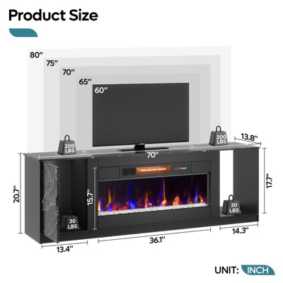 Black Marble 70" Modern Fireplace TV Stand with LED Lights and Storage