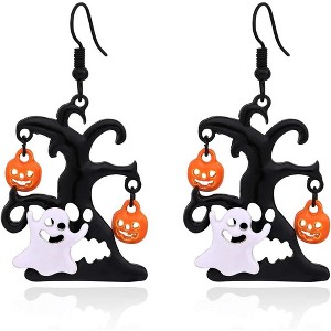 Ghost & Black Tree Drop Earrings - Elegant White Ghost and Silhouette Tree Halloween Jewelry for Women - 1 of 4