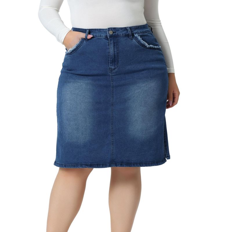 Agnes Orinda Women's Plus Size Casual Slim Side Slit Jean Denim  Pencil Skirt, 2 of 6