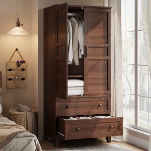 Armoire Wardrobe Closet with 2 Drawers,72" Wooden Tall Clothing Wardrobe Cabinet with Hanging Rod, Armoire with Doors Adjustable Shelves for Bedroom - 1 of 4