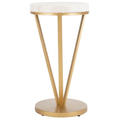 Transitional 14" Round Stone and Metal Accent Table in Gold/White