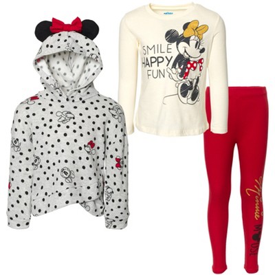 Disney Minnie Mouse Daisy Duck 3 Piece Outfit Set: Fashion Pullover Crossover Fleece Hoodie Graphic T-Shirt Legging gray / red / white 