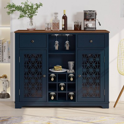 47" Wine Cabinet with Glass Doors Feature and Silk Screened Pattern Design Navy Blue - Festivo