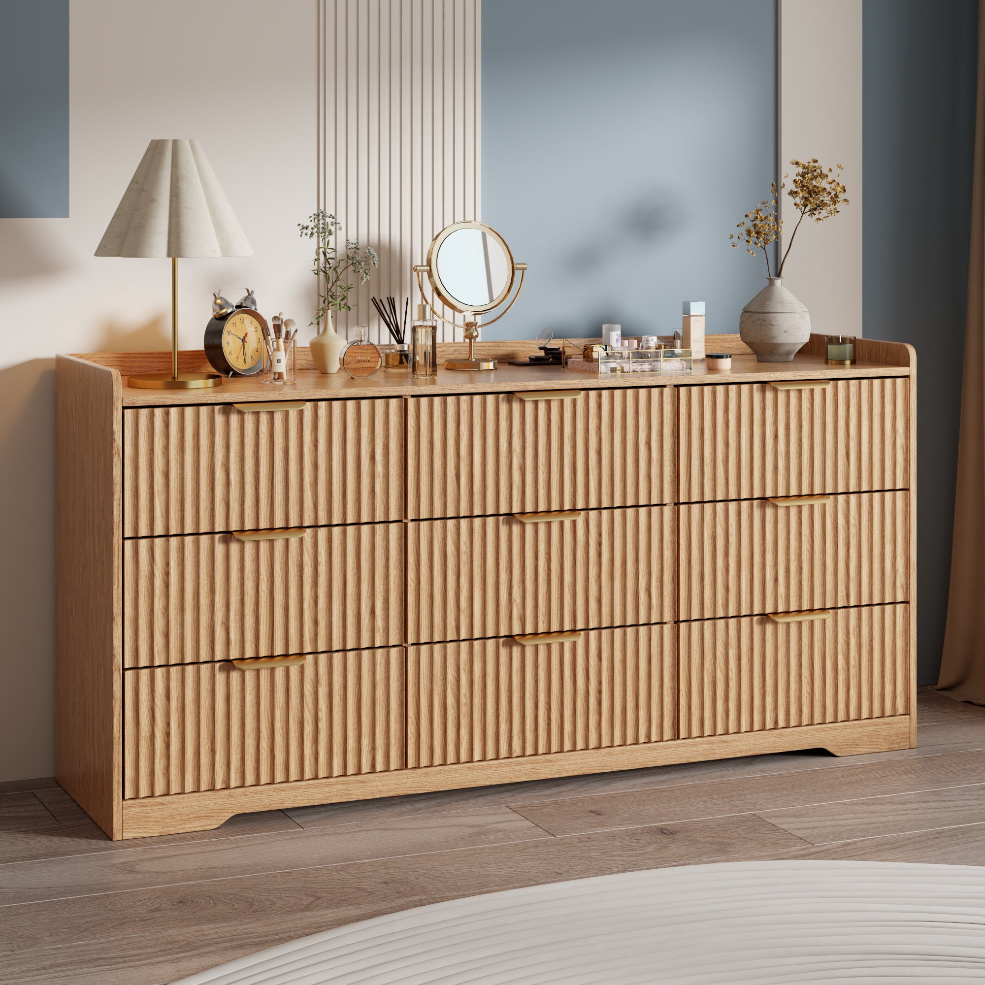 Large 9 Drawer Wood Dresser Storage Chest of Drawers Modern Wide Organizer Cabinet Bedroom Living Room Entryway Heavy Duty Anti Tip