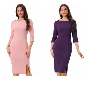 INSPIRE CHIC Women's Elegant Boat Neck 3/4 Sleeves Work Midi Split Sheath Dress 2 Packs - 1 of 4