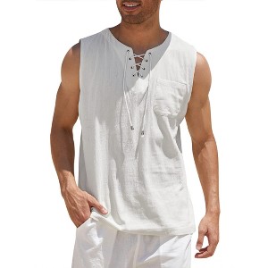 COOFANDY Men's Cotton Linen Tank Top Shirts Casual Sleeveless Lace Up Beach Hippie Tops Bohemian Renaissance Pirate Tunic - 1 of 4