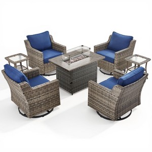 7Pcs Patio Rocking Swivel Chair with 50,000 BTU Fire Pit Table Outdoor Wicker Rattan Bistro Set with Tempered Glass Side Table - 1 of 4