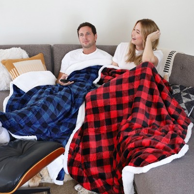 Catalonia Red Plaid Sherpa Fleece Reversible Throw Blanket, 60"x80"
