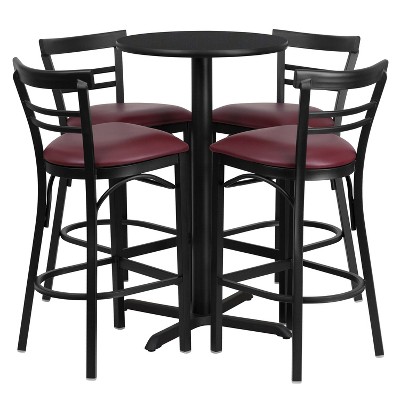 Flash Furniture 24'' Round Black Laminate Table Set with X-Base and 4 Two-Slat Ladder Back Metal Barstools - Burgundy Vinyl Seat