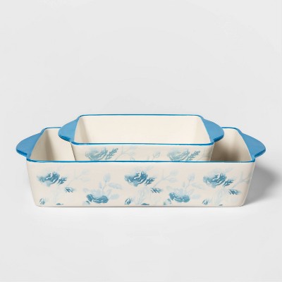 2pc Stoneware Floral Bakeware Set Blue/White - Threshold™
