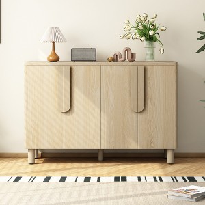 4-Door Storage Cabinet Sideboard Wood Buffet Accent Cabinet with Unique Arc Handles & Adjustable Shelves, Natural/Navy-ModernLuxe - 1 of 4