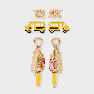 Teacher Icon Charm Stud and Drop Earring Set 3pc - Multicolor