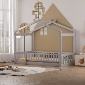 CAVINAS Twin Size Wood Montessori Bed,Modern Floor Bed with House Shaped Frame and Safety Fence,Toddler Bed for Bedroom,Gray - 1 of 4